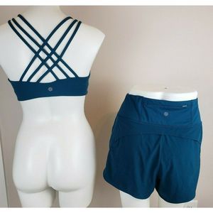 Athleta Dark Teal Strappy Bra Top Lined Shorts Set M Top L Bottoms EUC